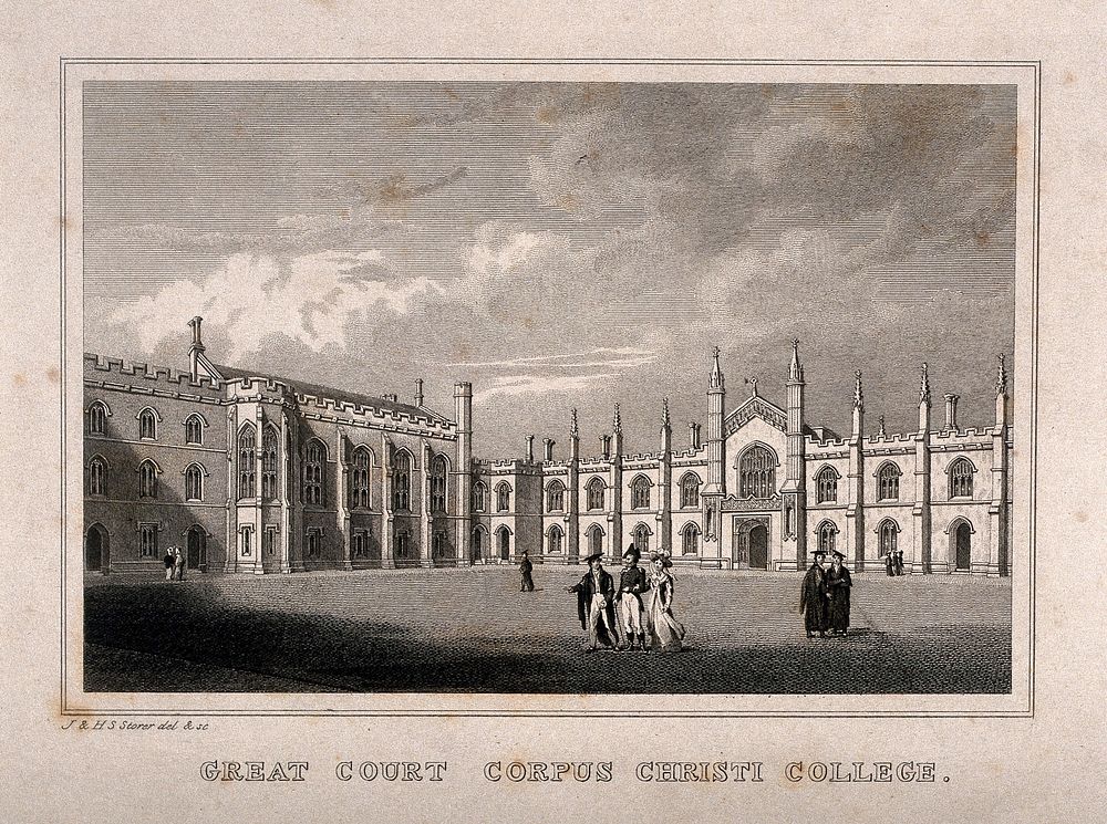 Corpus Christi College, Oxford: quadrangle. Line engraving by J. & H.S. Storer.