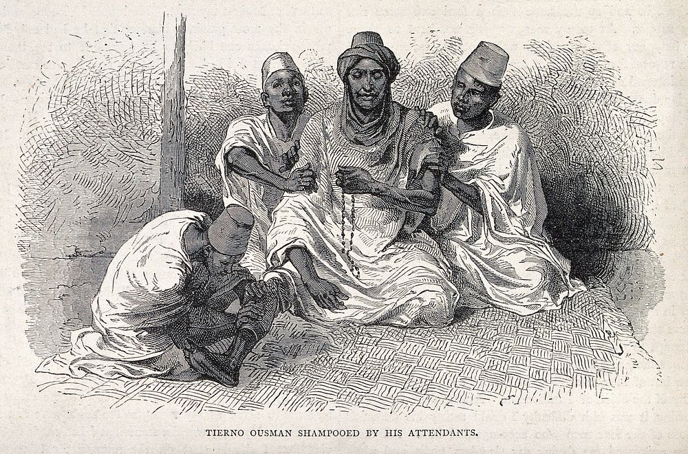 A seated oriental man being attended by three male servants. Wood engraving.