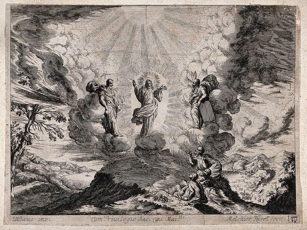 The transfiguration of Christ; Moses and Elijah appear alongside him. Etching by M. Küssell after J.W. Baur.