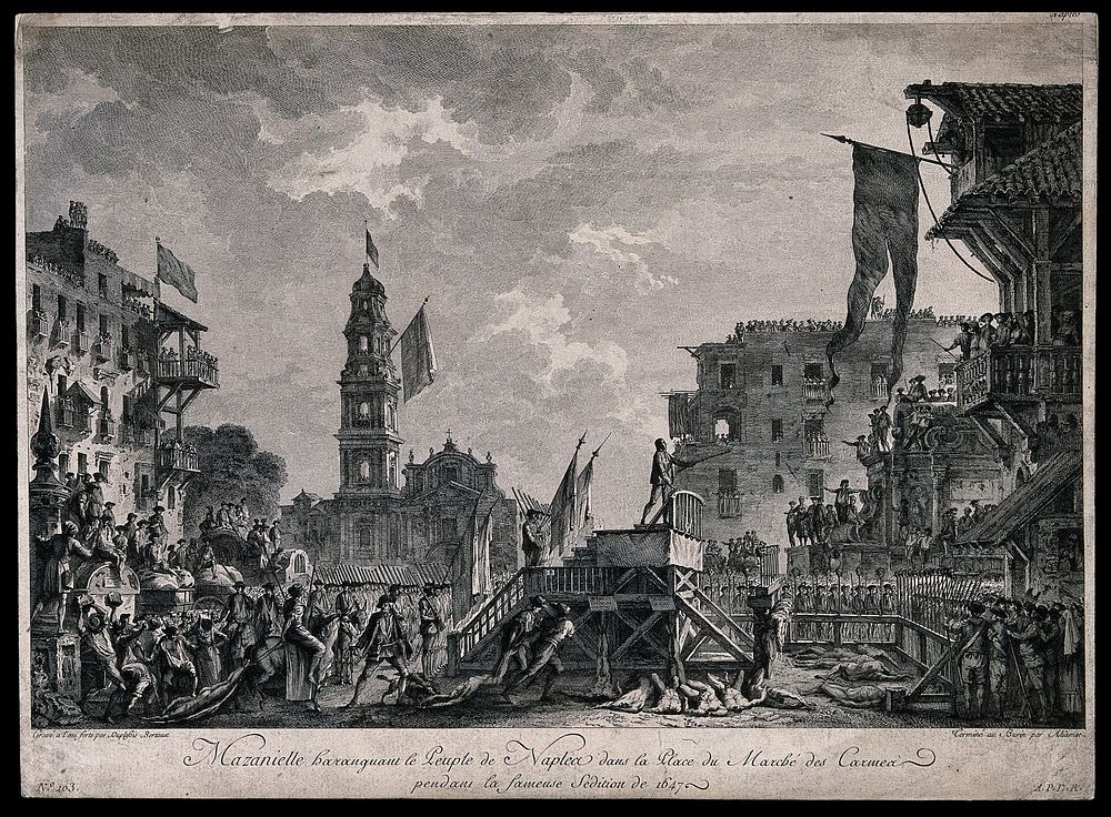 The execution of rebels during the Rebellion in Naples and Sicily in 1647. Etching by J. Duplessi-Bertaux, with engraving by…