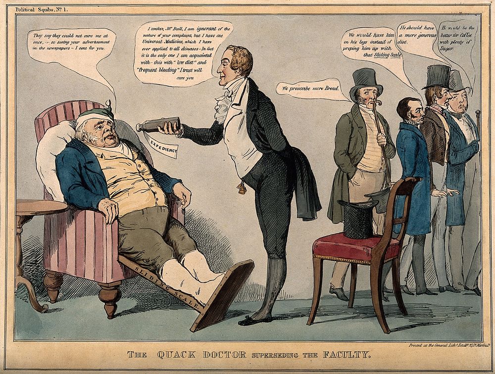 A quack doctor offering a gouty John Bull some medicine while conventional doctors are turned away; referring to British…