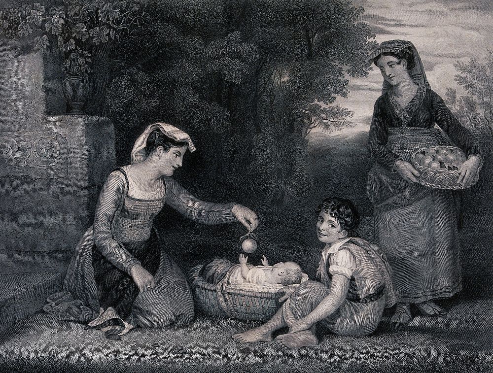 A young woman holds a basket of fruit while another dangles an orange for a baby in a crib to play with and a boy looks on.…