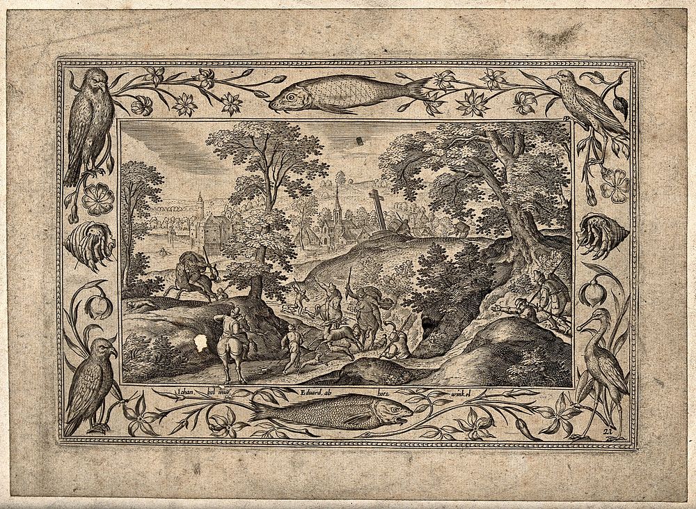 Mounted huntsmen and their dogs chasing a stag down a narrow path in a forest. Engraving after H. Bol.