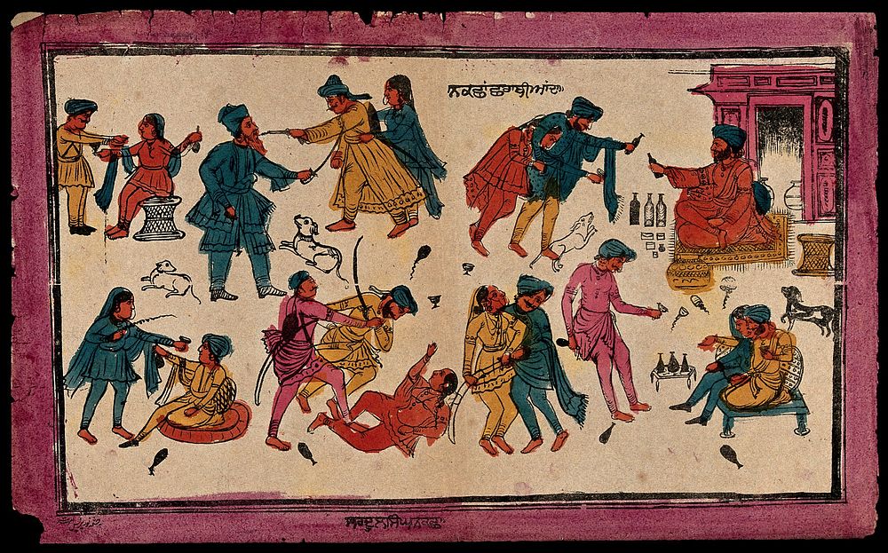 Forms of misbehaviour, drunkeness, debauchery, and violence among Sikhs. Coloured transfer lithograph.
