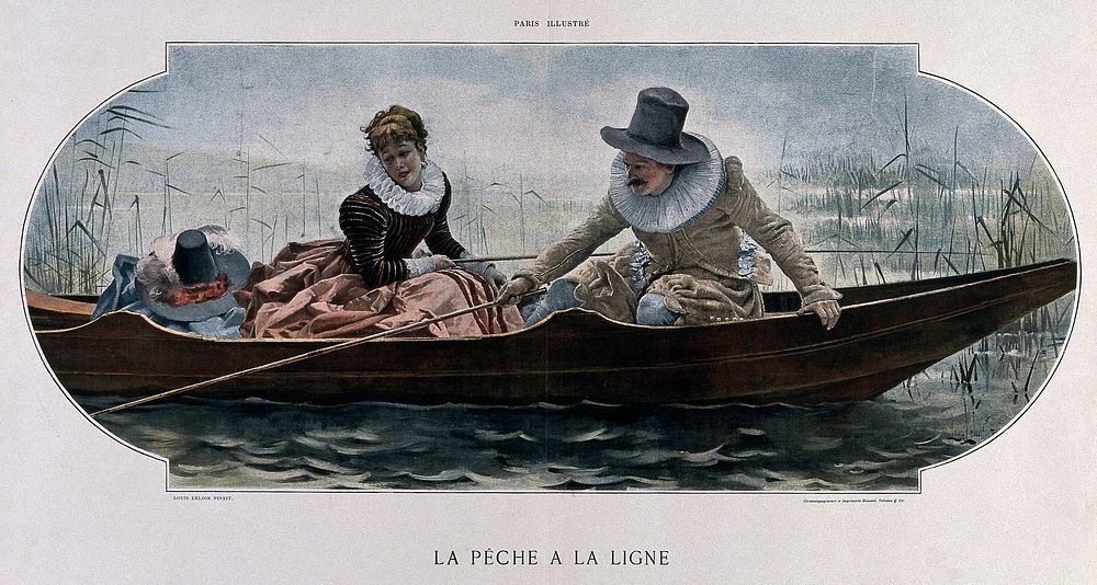 A young couple in sixteenth-century costume are sitting in a boat on the water, the man has a fishing rod in his hand.…