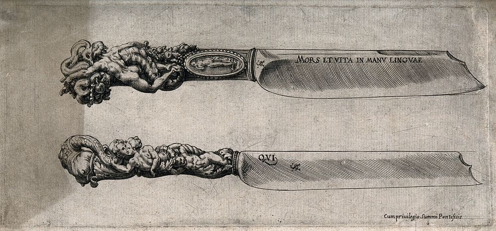 Two knives with ornate handles, incorporating human figures and ornament in the grotesque style. Engraving by C. Alberti…