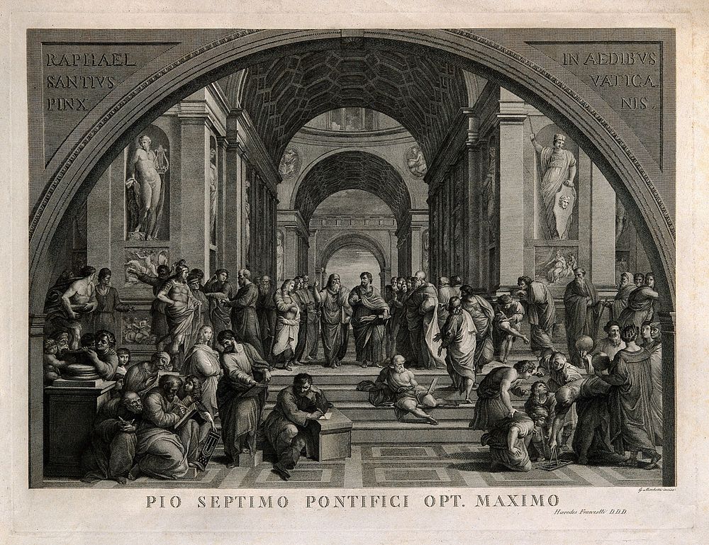 The school of Athens: a gathering of ancient philosophers. Engraving by G. Mochetti after Raphael.