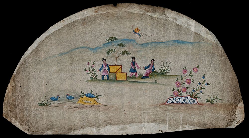 A design for a fan depicting a pastoral scene with Chinese figures. Watercolour painting by a Chinese artist.