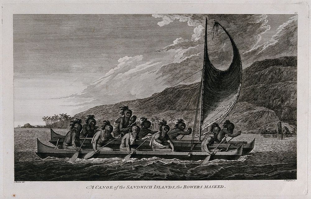 A canoe with men from the Hawaiian Islands wearing masks, encountered by Captain Cook on his third voyage (1777-1780).…