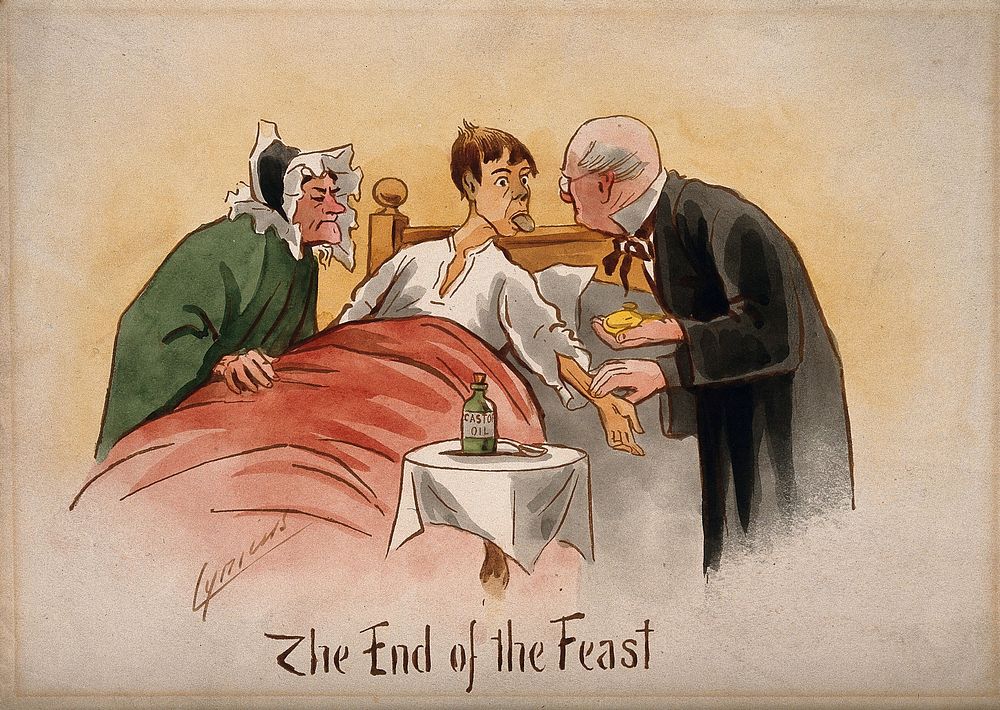 A patient poking out his tongue and having his pulse taken by a physician. Watercolour by M. Anderson.