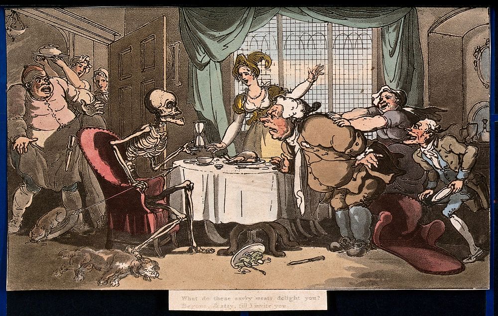 The dance of death: the glutton. Coloured aquatint after T. Rowlandson, 1816.
