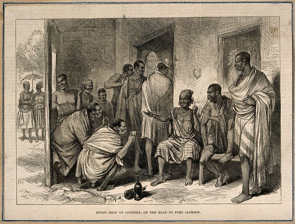 Customers drink and smoke in a spirit shop in South Africa. Wood engraving, c. 1877.
