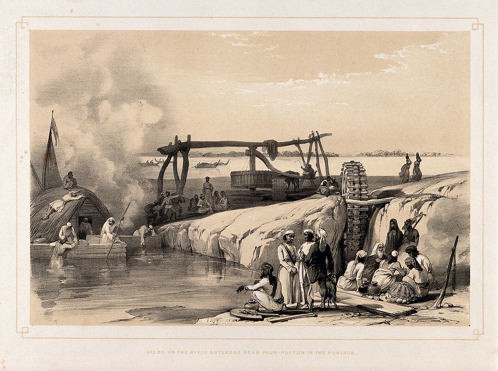 Water-wheel and machinery on the river Sutledge near Pauk-Putton in the Punjaub. Lithograph.
