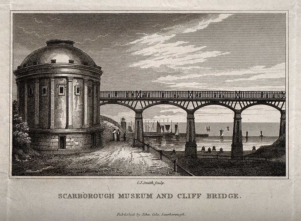 Scarborough Museum and Cliff Bridge, Scarborough, Yorkshire. Engraving by C.J. Smith.