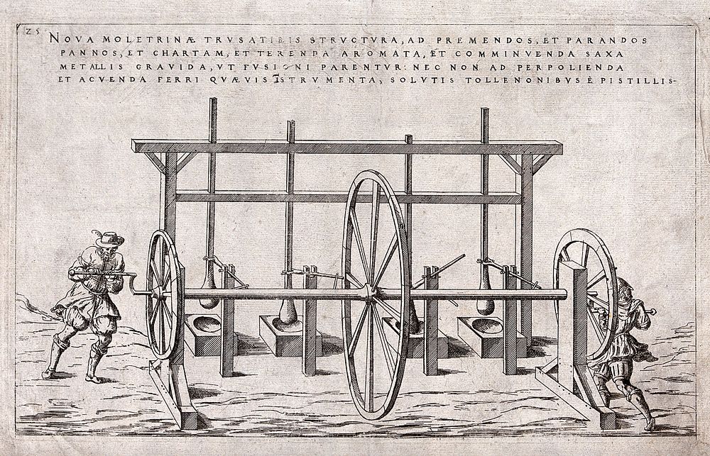 A hand mill with four mortars operated by two assistants. Engraving, 16--, after J. Besson.
