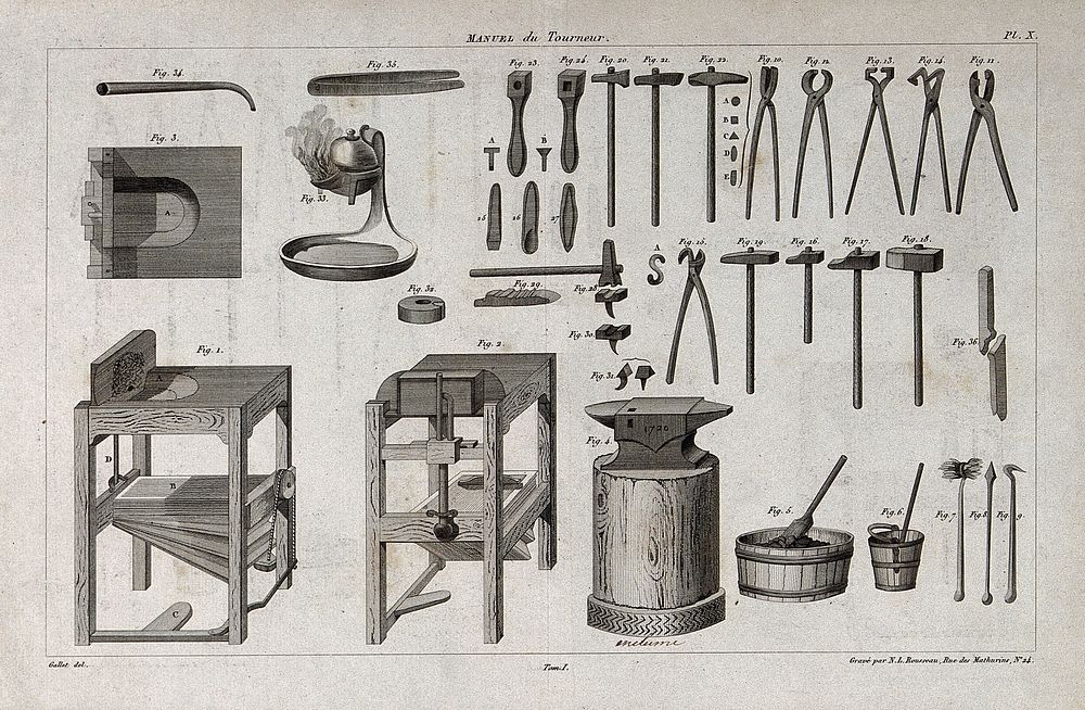 Carpentry: an assortment of tools. Engraving by N. L. Rousseau after Gallet.