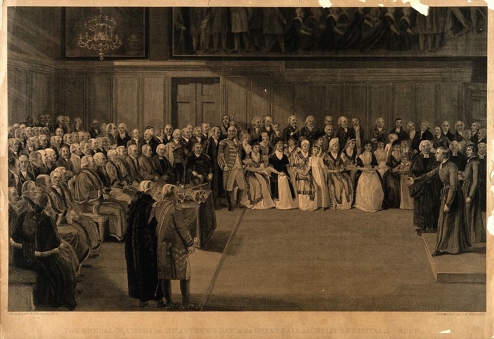 Christ's Hospital: the Great Hall during a ceremony. Engraving by J. G. Walker, 1822, after T. Stothard, 1799.