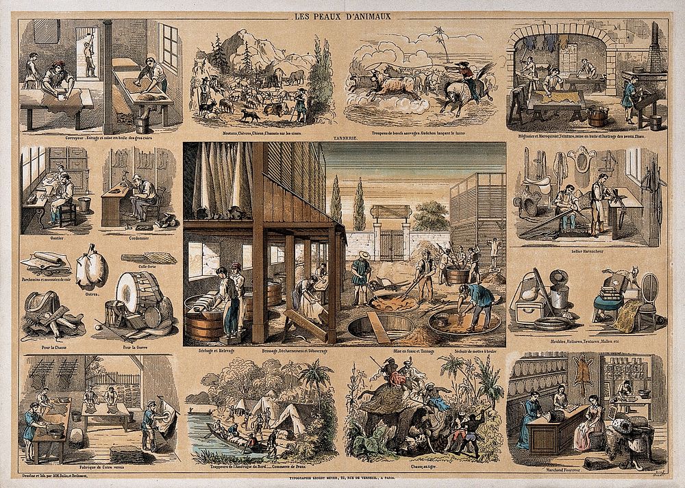 A leather tannery, surrounded by vignettes showing the use of leather products. Lithograph by P.A. Belin and C. Bethmont.