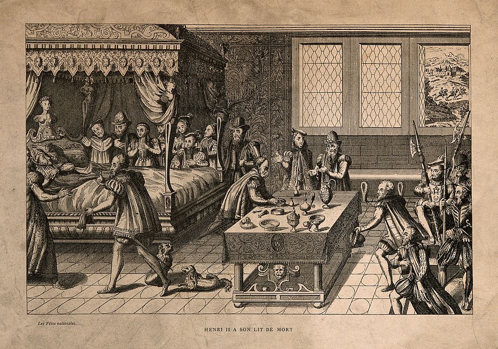 King Henry II of France on his deathbed, with members of the royal family and the royal household in attendance. Process…