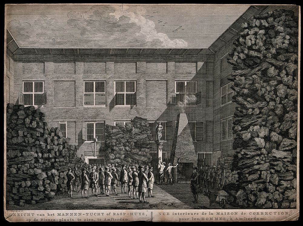 A man is scourged in the backyard of a house of correction in Amsterdam with a crowd of inmates looking on. Etching by H.…