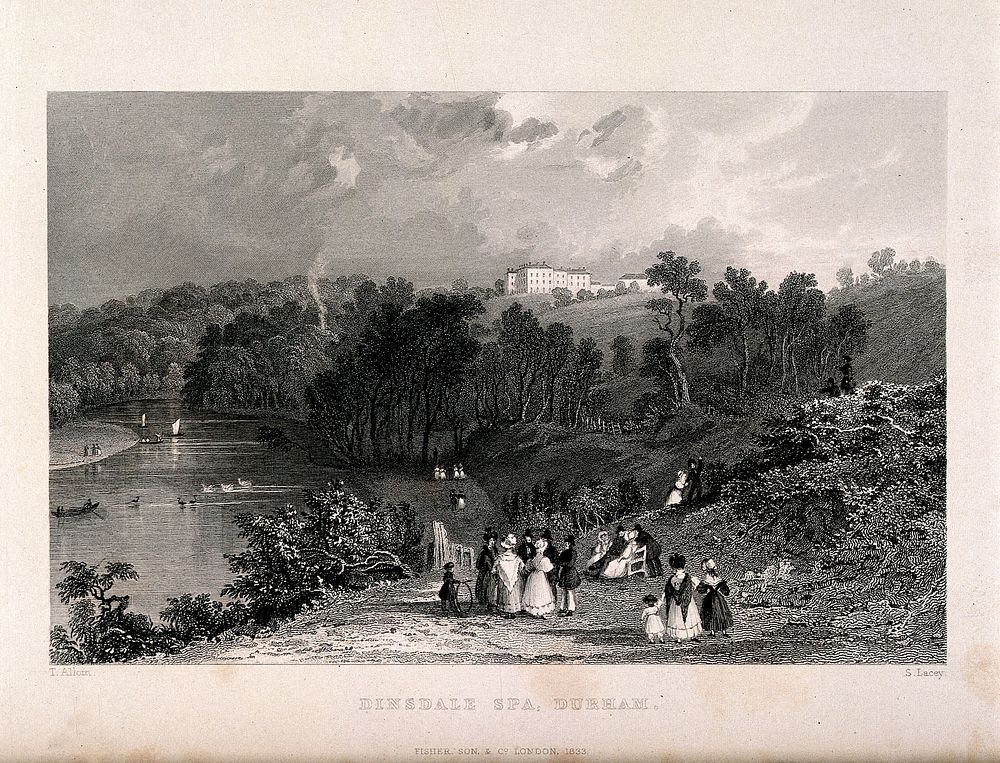 Dinsdale Spa, Durham: people gathered at the riverside. Line engraving by S. Lacey, 1833, after T. Allom.