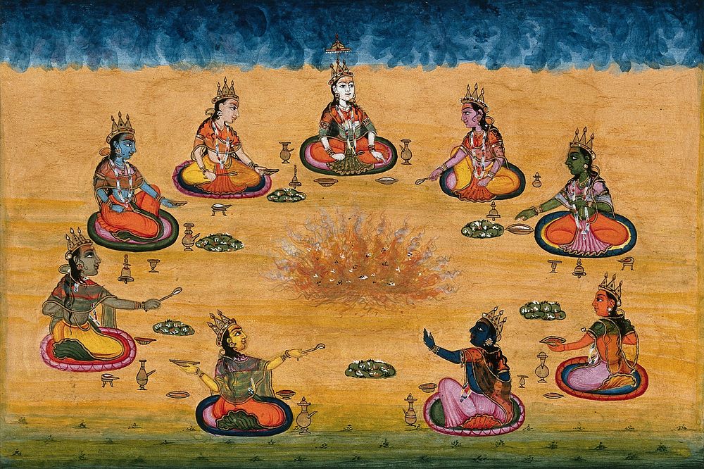 Nine female deities  performing a yagna, a fire sacrifice, an old vedic ritual where offerings are made to the god of fire…
