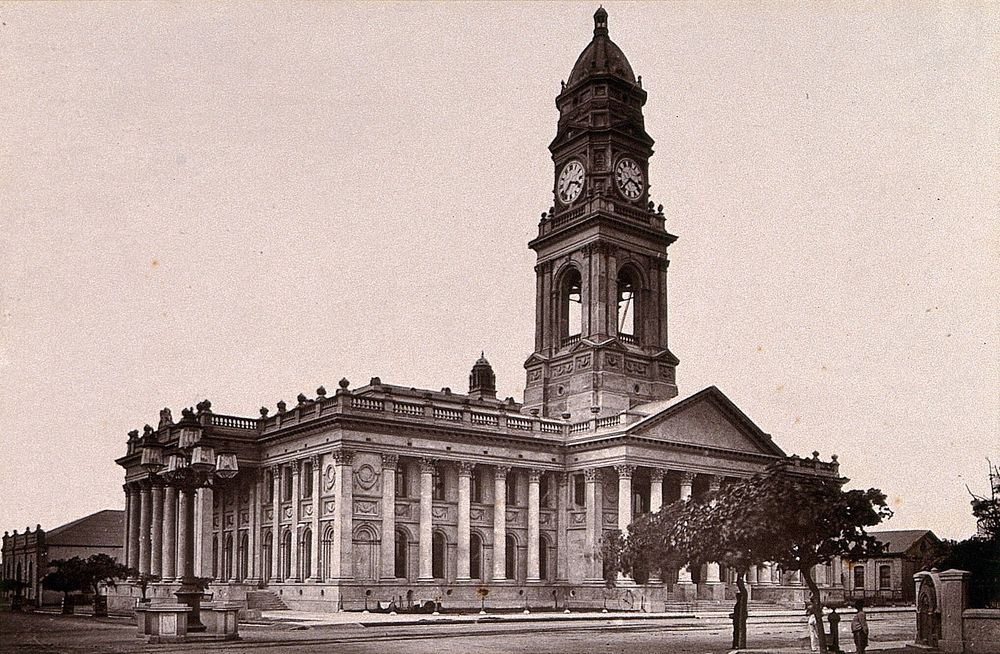 Natal, South Africa: the Town Hall in Durban. Woodburytype, 1888, after a photograph by Robert Harris.