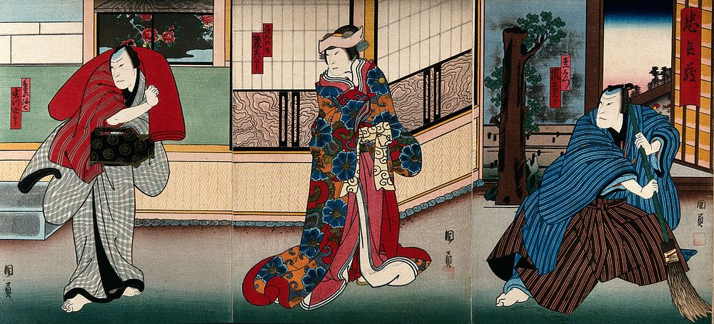 Actors in a garden outside a house. Colour woodcut by Kunikazu, early 1860s.