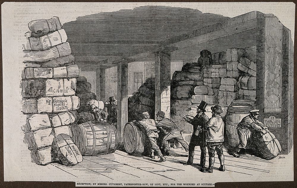 Crimean War, England: receiving lint to be sent to Scutari. Wood engraving by LEA. W.