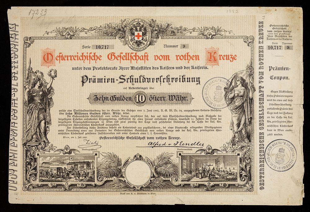 [1882 ten Gulden lottery ticket in aid of the Austrian Red Cross. Shoes horse-drawn ambulances and nurses in a ward of sick…