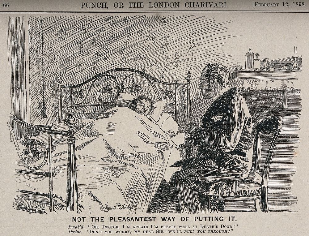 A doctor reassuring a patient that he can cure him. Wood engraving by B. Partridge, 1898.