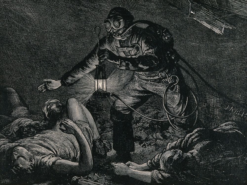 A man in a mine, using safety apparatus invented by Auguste Denayrouze, finds asphyxiated miners. Wood engraving by J. Nash…