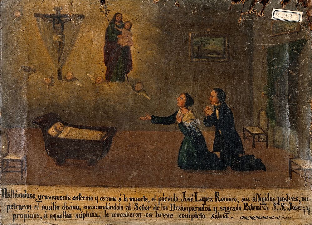 The parents of José Lopez Romero commending him to Christ and to St Joseph. Oil painting by a Spanish painter, c.1840.