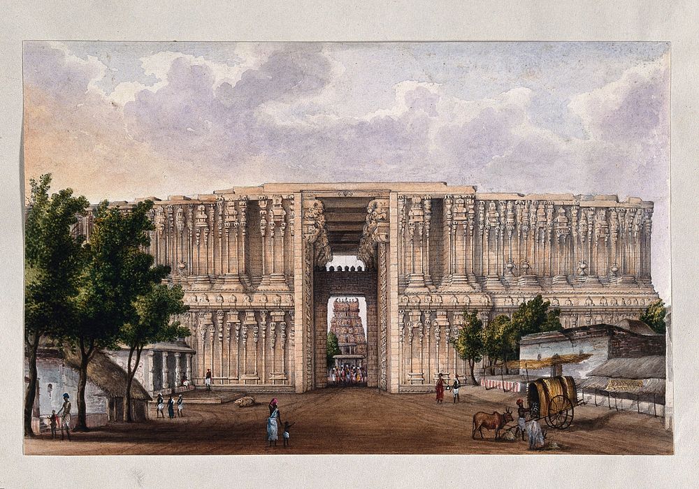 Trichy: first gate at the temple dedicated to Lord Vishnu at Srirangham. Watercolour by an Indian painter.