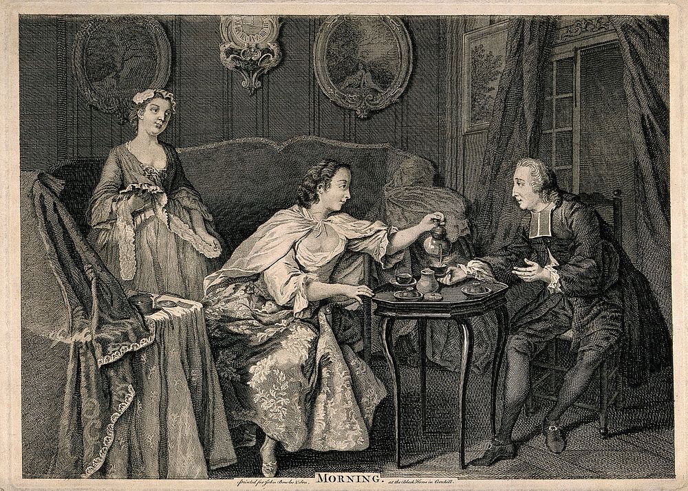 A priest taking morning tea with a lady in her boudoir: a maidservant stands in the background. Engraving by Remi Parr after…
