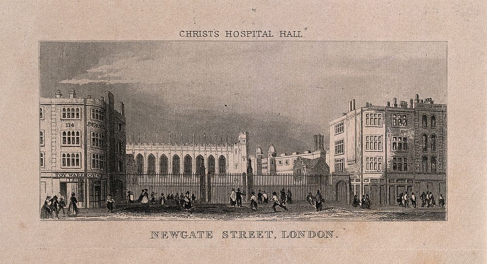 Christ's Hospital, London: the exterior, seen from Newgate Street. Engraving.