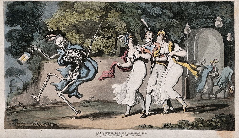 The dance of death: the careless and the careful. Coloured aquatint after T. Rowlandson, 1816.