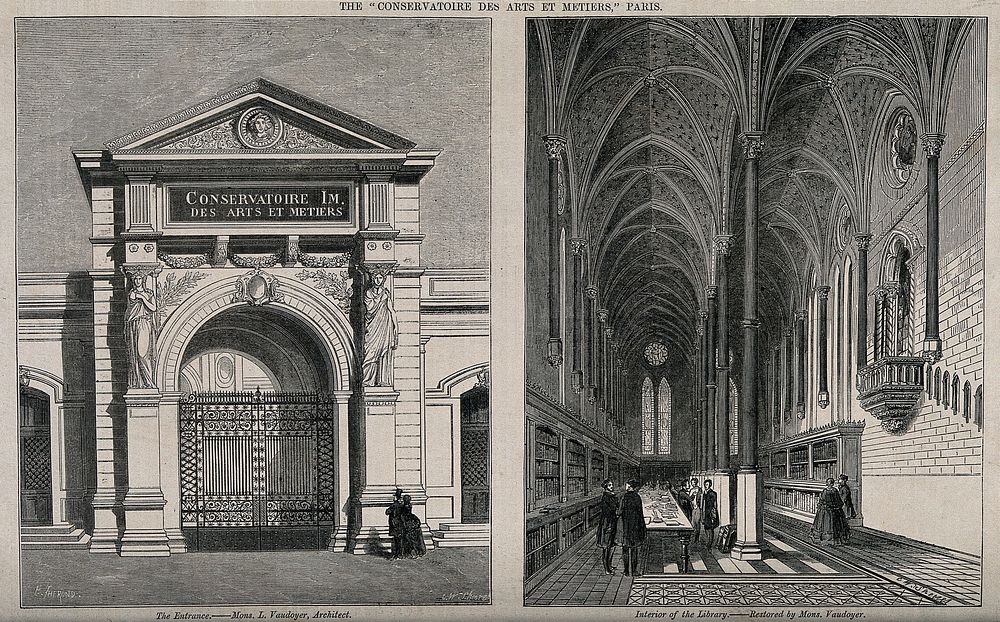 The Conservatoire des Arts et Métiers, Paris: gateway and interior. Wood engraving by C.W. Sheeres after E. Shirond.