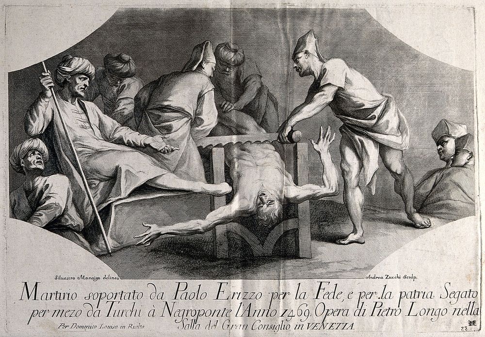 Martyrdom of Paolo Erizzo. Line engraving by A. Zucchi after S. Manaigo after P. Longhi.