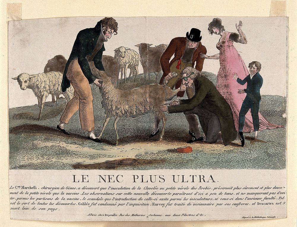 Luigi Marchelli, a Genoese surgeon, obtains from a sheep matter for inoculation against smallpox. Coloured etching, c. 1807.
