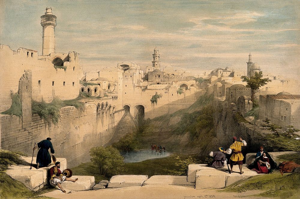 The Pool of Bethesda, Jerusalem, Israel. Coloured lithograph by D. Roberts, 1839.