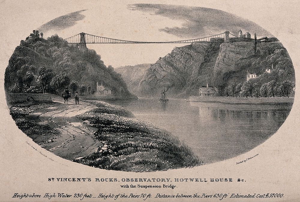 The River Avon and the Clifton Suspension Bridge, with buildings on the river banks. Lithograph by C. Hullmandel.