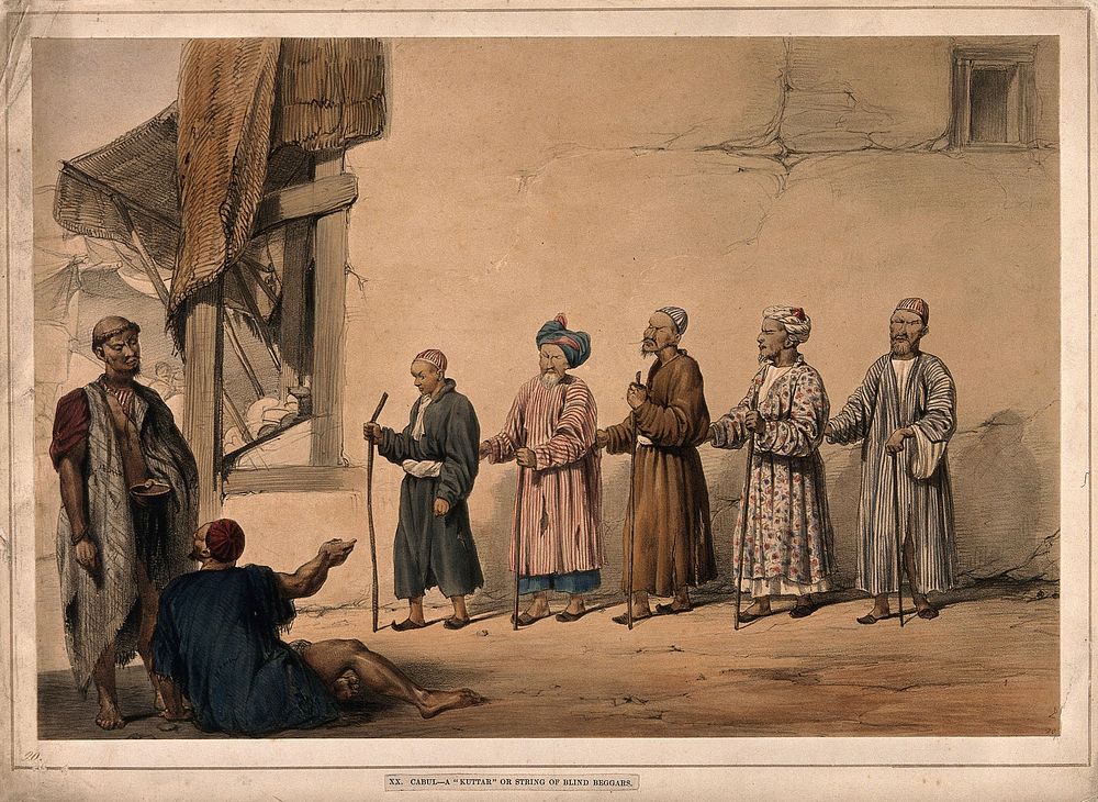 A 'kuttar' or line of blind beggars in a row, two other men in discussion, Kabul, Afghanistan. Coloured lithograph after…
