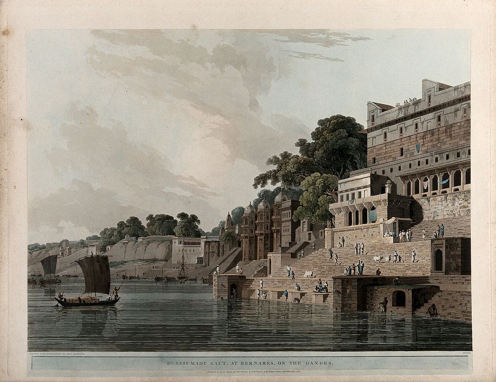 Dasasamadhi Ghat on the Ganges at Varanasi, Uttar Pradesh. Coloured aquatint by Thomas Daniell, 1796.