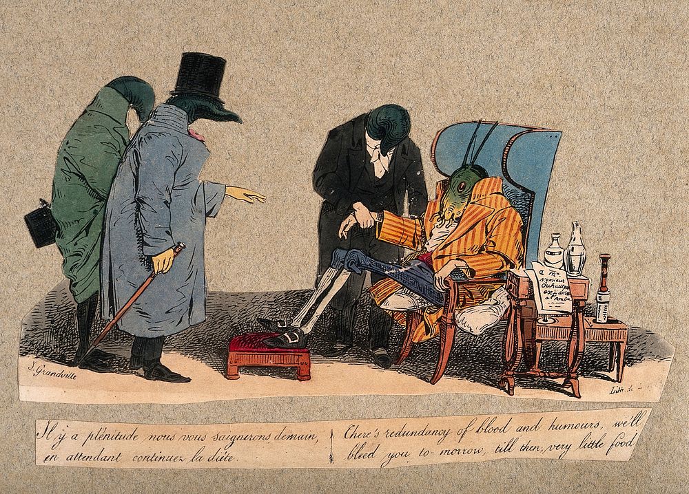 Three leeches in the role of physicians attend a grasshopper in the role of the patient and propose diet and bloodletting.…