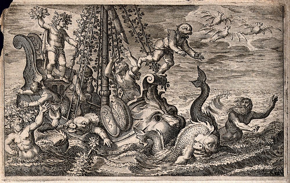 Bacchus captured by sailors transforms them into dolphins. Engraving by J. Matham after D. Vinckeboons..