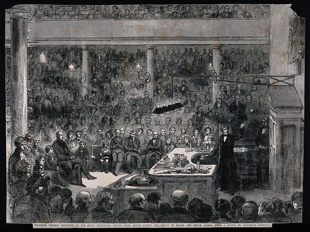 Michael Faraday lecturing at the Royal Institution: Prince Albert and his sons in the audience. Wood engraving, 1856, after…