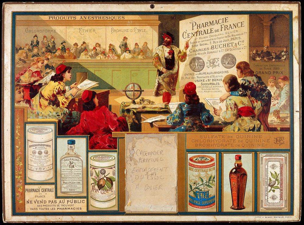 A professor teaching pharmacy to students in mid-16th century Paris; representing a calendar advertising products of the…