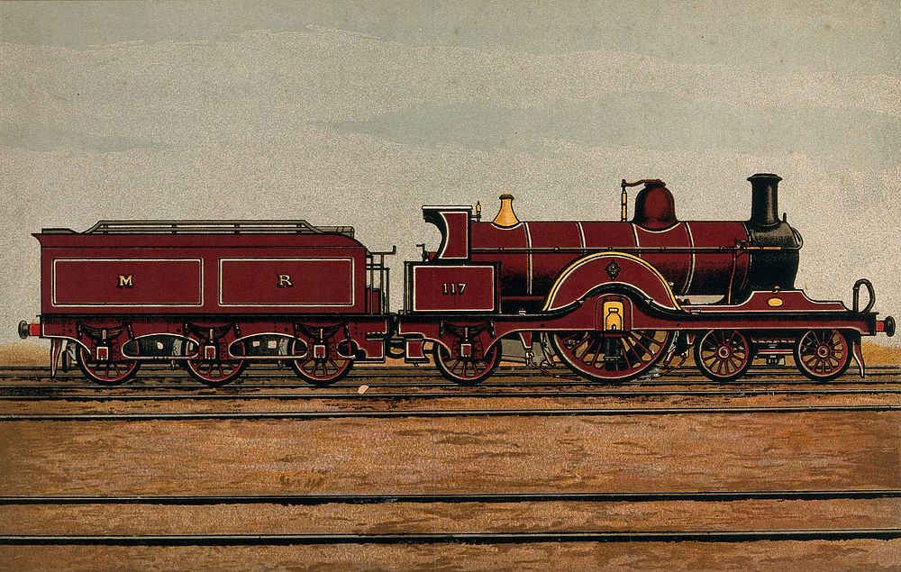 An express locomotive in a railway line. Colour lithograph.