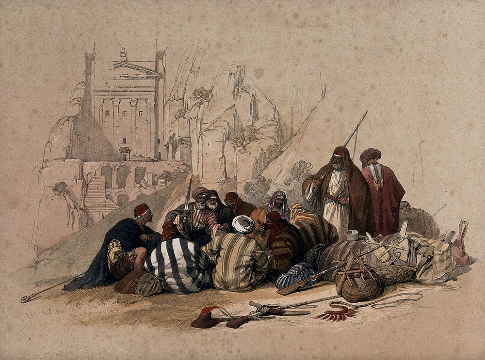 Conference of Arabs at Wadi Moosa, Petra. Coloured lithograph by Louis Haghe after David Roberts, 1849.